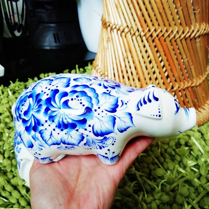 Large piggy bank money box Hand painted blue and white bone china pig in a gift box image 5