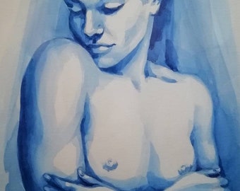 Study of a nude female model Lolita, Blue and white wall art by artist Lana Arkhi Original Watercolour Painting