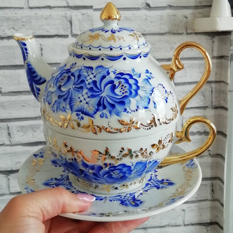 Unique and Rare Tea for One Set Hand Painted Blue and Gold by Etsy UK
