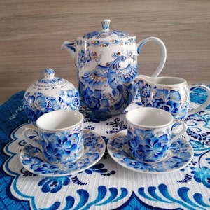 Coffee service for two Hand painted blue and gold porcelain by artist Lana Arkhi