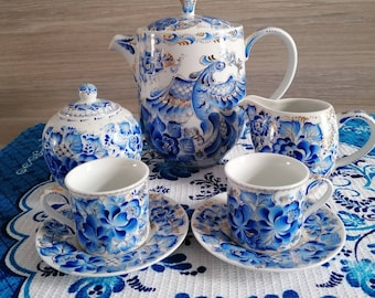 Coffee service for two Hand painted blue and gold porcelain by artist Lana Arkhi