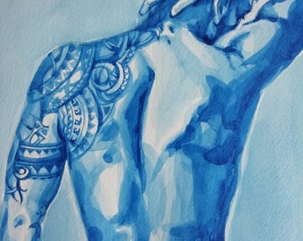 Original Watercolour Painting Study of a nude male model Blue and white art by Lana Arkhi, tribal tattoos
