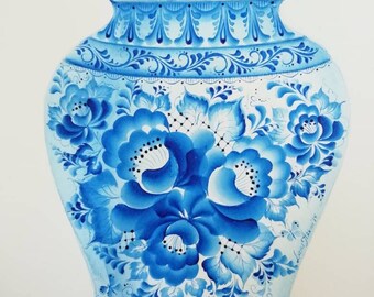 Jinger jar Large vase Blue and white Original Watercolour Painting framed wall art blue china in Gzhel style