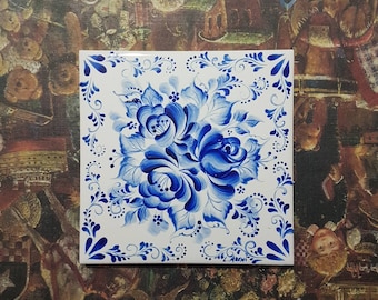 Ceramic coaster tile Hand painted blue and white 10 x 10 cm table decor blue ornaments