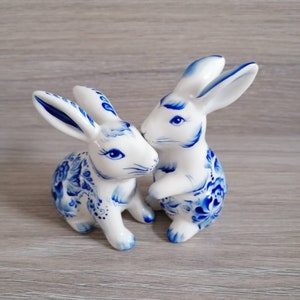 Salt and pepper shakers Rabbits Easter bunnies Hand painted blue white porcelain by Lana Arkhi RMS