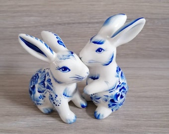 Salt and pepper shakers Rabbits Easter bunnies Hand painted blue white porcelain by Lana Arkhi RMS