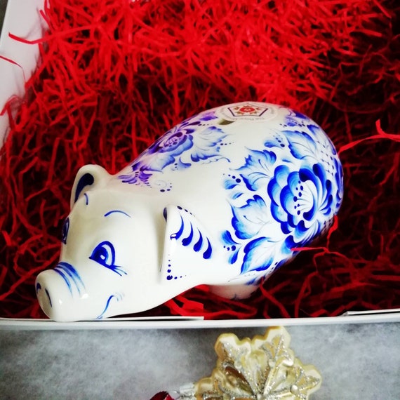 Grande salvadanaio salvadanaio Maialino in porcellana bianca e blu dipinto  a mano in confezione regalo -  Italia
