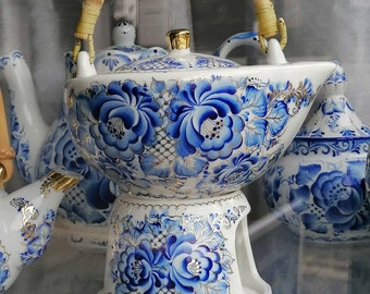 Beautiful rare Blue and white TEAPOT hand painted bone china in Gzhel style tea pot with gold