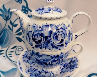 Beautiful rare Blue and white TEA FOR ONE hand painted bone china in Gzhel style tea set