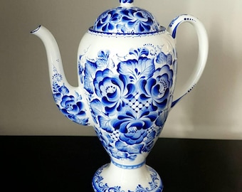 Large hand painted coffee pot blue and white bone china floral design