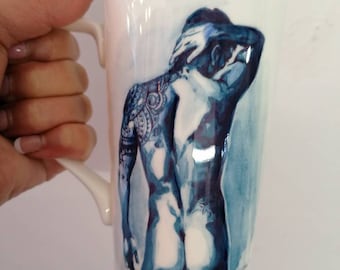 Latte mug Blue bone china Gay art tattoo body by Lana Arkhi