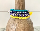 Lapis discs, glass and bone stack bracelet