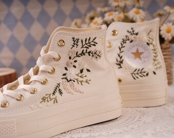 Custom hand embroidered wedding Flowers Converse Chuck Taylor 1970s Flowers High Top  white grape bunch embroidery gold logo platform shoes