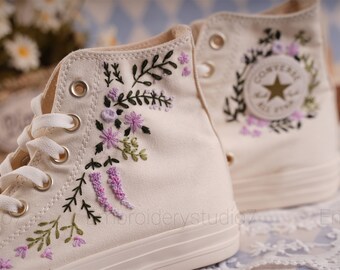 Custom hand embroidered wedding Flowers Converse Chuck Taylor 1970s Flowers Embroidered Shoes High Top  Purple daisy flowers embroidery