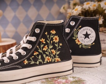 Custom hand embroidered wedding Flowers Converse Chuck Taylor 1970s Flowers Embroidered Shoes High Top  Embroidered sunflower embroidery