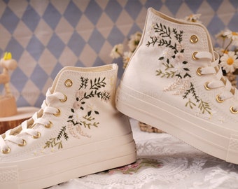 Custom hand embroidered wedding Flowers Converse Chuck Taylor 1970s Flowers High Top  white grape bunch embroidery gold logo platform shoes