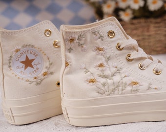 Custom hand embroidered Converse Chuck Taylor 1970s Flowers High Top  White gold thread floral embroidery gold logo platform shoes