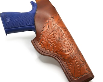Funda de cuero 1911 con estampado floral, hecha a mano, OWB, con cierre de seguridad para el pulgar