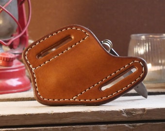 Leather Pocket Knife Sheath Pancake Belt Basket Weave EDC