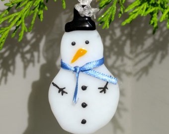 Handmade Fused Glass Art - Hanging Snowman (with hat) - Christmas Decoration