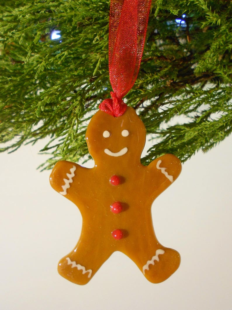 Handmade Fused Glass Art Hanging Gingerbread Man Christmas Decoration image 1