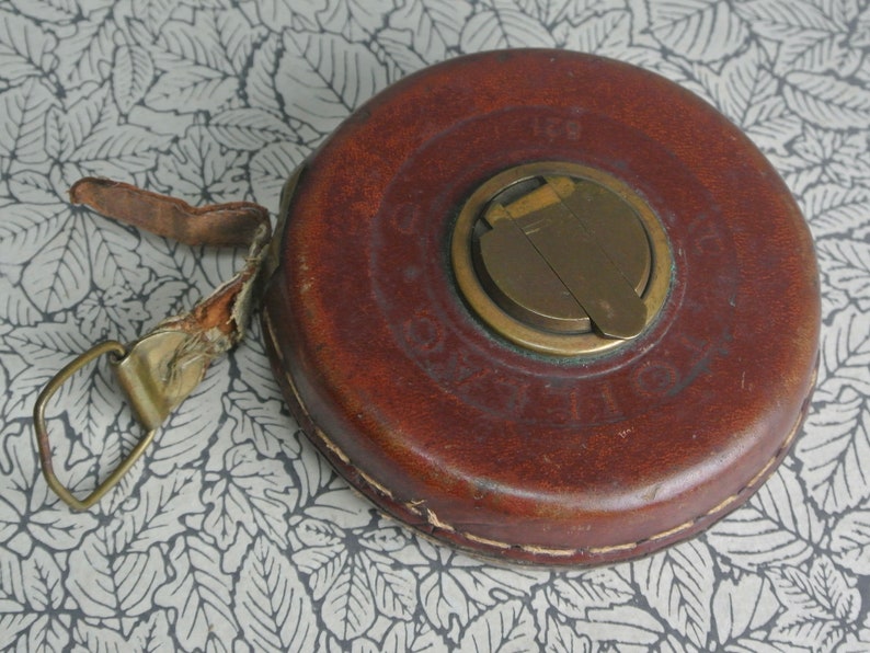 French Antique Tape Measure 33ft Toillac Leather and Cloth image 6