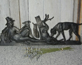 Antike Gusseisen Hirsch Jäger und Hunde Wanddekoration
