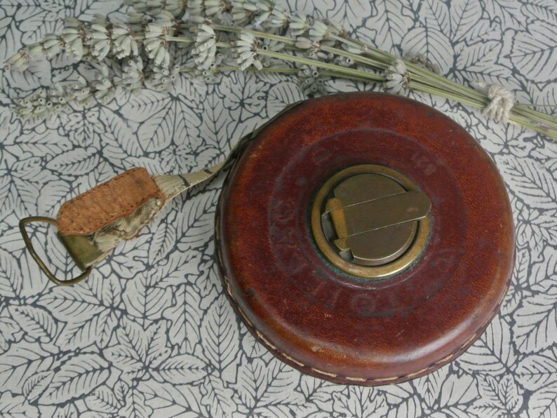 French Antique Tape Measure 33ft Toillac Leather and Cloth image 1