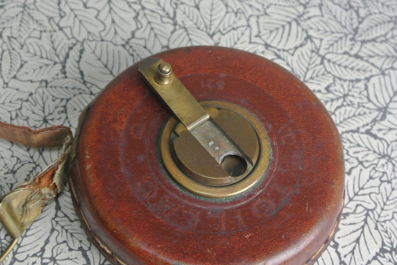 French Antique Tape Measure 33ft Toillac Leather and Cloth image 7