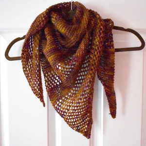 Hand Knit Wool Mohair Nylon Triangle Shawl, Asymmetrical, Red Brown Yellow Orange