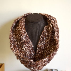CLEARANCE Hand Knit 100% Wool Cowl, Brown White Handmade Infinity Scarf Neckwarmer Gift Warm Winter