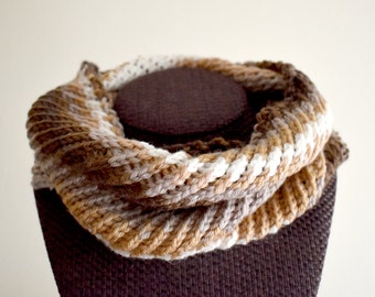 Strata Neckwarmer- 100% Merino Wool Handmade Knit Short Cowl Brown White Tan Taupe