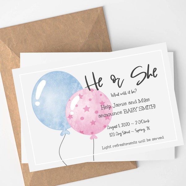 Balloon Gender Reveal-Boy or Girl-4x6-6x4-Horizontal or Vertical-Editable-Digital-Instant Download-Two Sizes in One