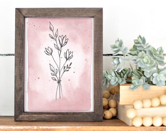 Mauve Boho Nursery Decor, Botanical Flower Line Drawing, Baby Girl Nursery Shelf Decor, ORIGINAL Painting, Shelf Sitter, 5"x7" Watercolor