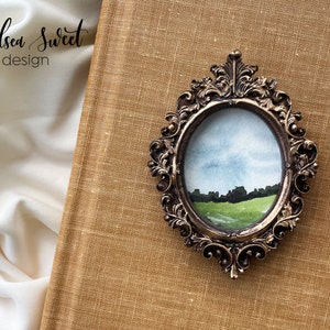 Tiny Landscape ORIGINAL Watercolor Painting in Antique Gold Frame, Cottagecore Home Decor, Framed Landscape, Miniature Farmhouse Painting