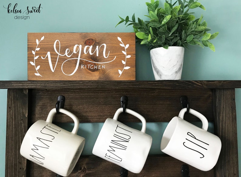 Vegan Kitchen Wood Sign, Vegan Gift, Plant Based Kitchen, Friends Not Food, Hand Lettered Sign, Vegan Farmhouse Sign, 10x4.5 Shelf Sitter image 4