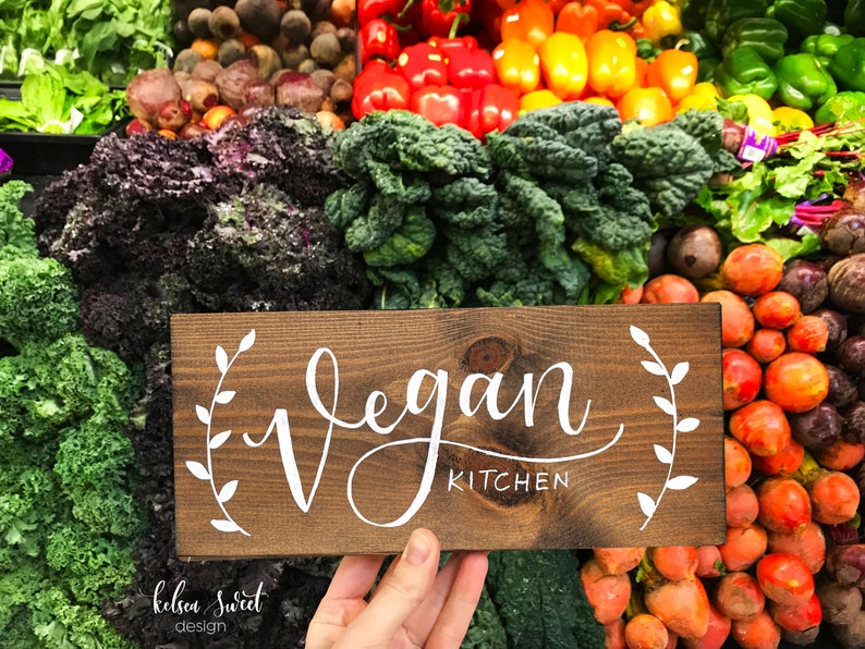 Vegan Kitchen Wood Sign, Vegan Gift, Plant Based Kitchen, Friends Not Food, Hand Lettered Sign, Vegan Farmhouse Sign, 10x4.5 Shelf Sitter image 2