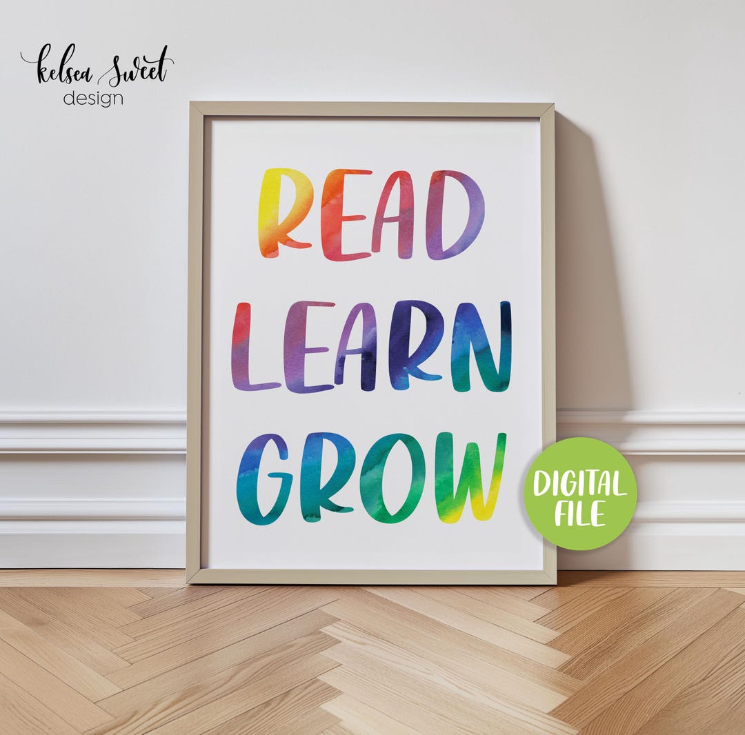 Think. Read WATERCOLOR Classroom Decor, Read Learn Grow, Bright Colorful Rainbow ...