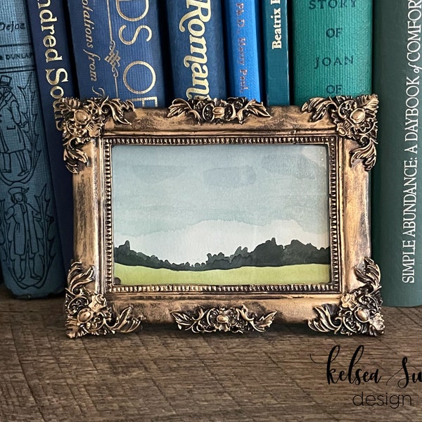 Tiny Landscape ORIGINAL Watercolor Painting in Antique Gold Frame, Cottagecore Home Decor, Framed Landscape, Miniature Farmhouse Painting