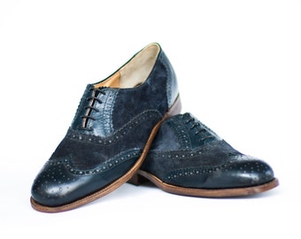 Oxford Shoes for men and women, Blue Navy Leather shoes, Handmade wingtip shoes, suede leather.