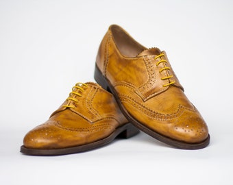 Handmade yellow leather derby shoes, wingtip brogues for women and men