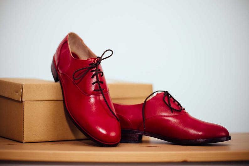 Women oxford shoes, red leather shoes, custom shoes, handmade shoes, flat and tie shoes. 画像 10