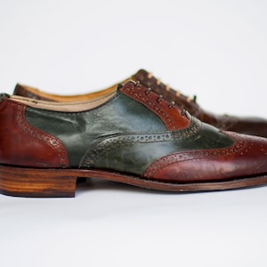 Wingtip Oxford shoes, Green and brown leather brogues, Handmade shoes