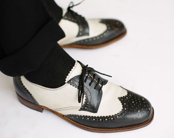 Black and white wingtip derby shoes, handmade leather shoes for men,leather sole