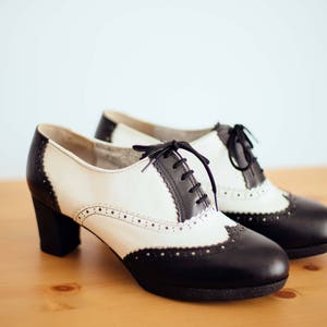 Black and white women oxford boots, ankle boots with heel,leather shoes