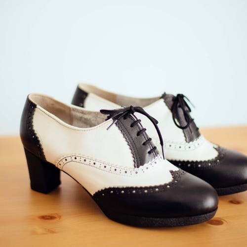 Wingtip Block Heel Black and White Leather Oxford Heels - Etsy