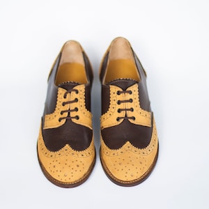 Handmade yellow and brown wingtip shoes, leather derby brogues for women