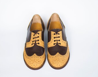 Handmade yellow and brown wingtip shoes, leather derby brogues for women