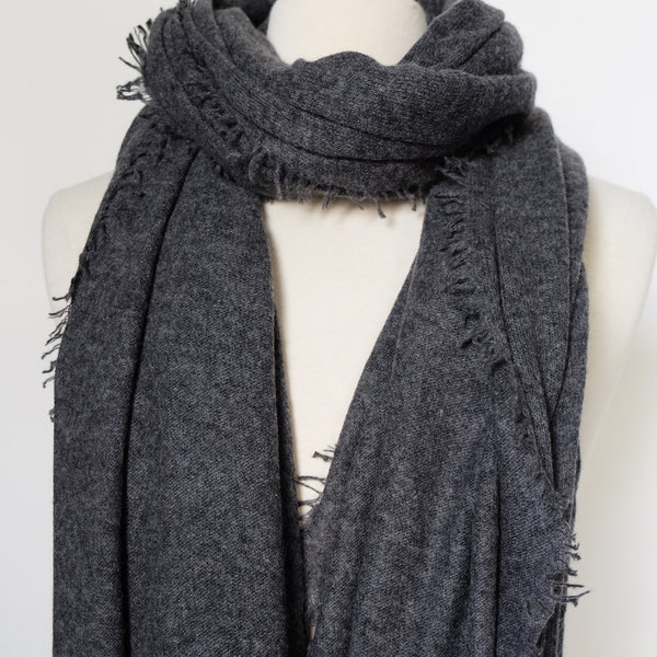 Knitted/felted cashmere shawl, charcoal, natural un dyed product.