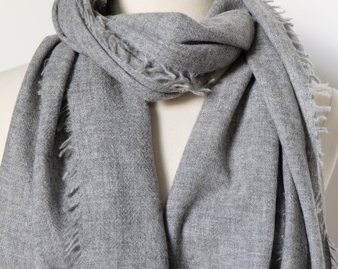 Luxurious cashmere fringe scarf,  pewter gray, natural un-dyed product.